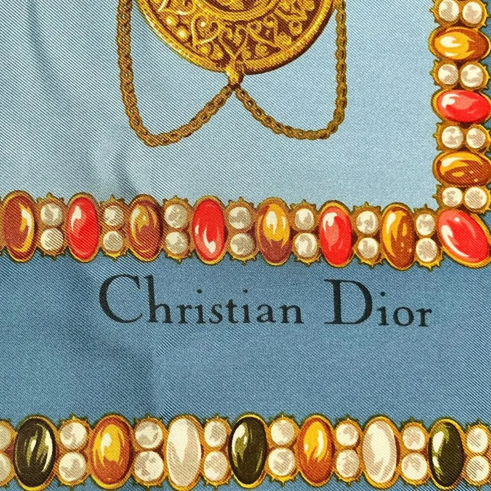 Christian Dior Silk Scarf Jewel & Watch Charm Pattern Blue 34.5